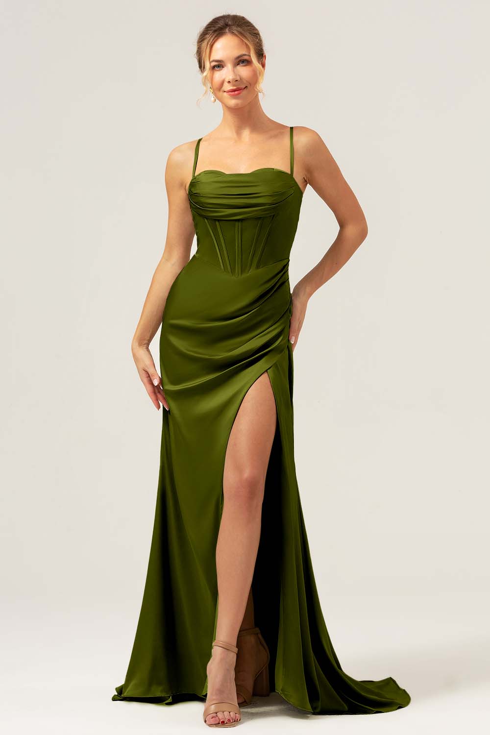 Martini Mermaid Cowl Neckline Ruched Corset Long Satin Bridesmaid Dress with Slit