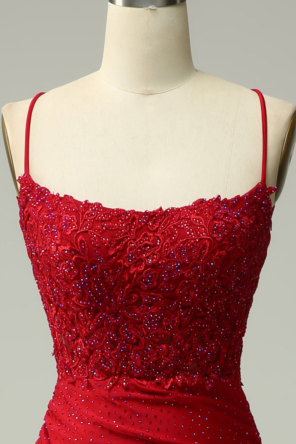 Dark Red Mermaid Spaghetti Straps Beaded Prom Dress with Appliques