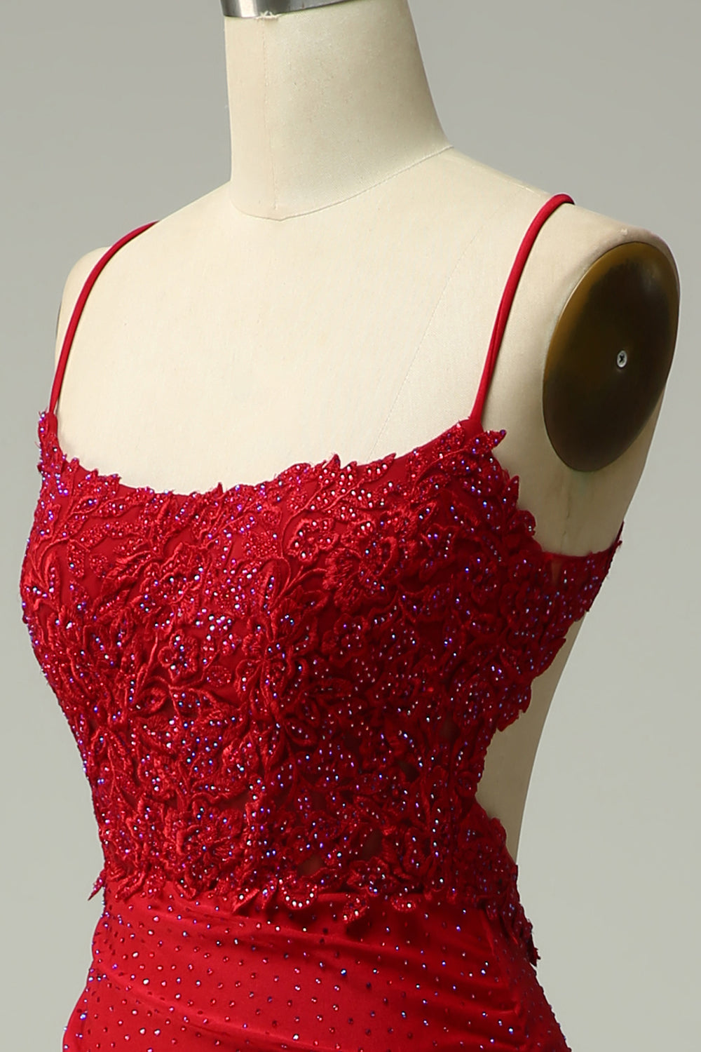 Dark Red Mermaid Spaghetti Straps Beaded Prom Dress with Appliques