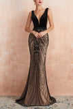 Sparkly Black Mermaid Deep V-neck Sequins Long Prom Dress