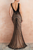 Sparkly Black Mermaid Deep V-neck Sequins Long Prom Dress