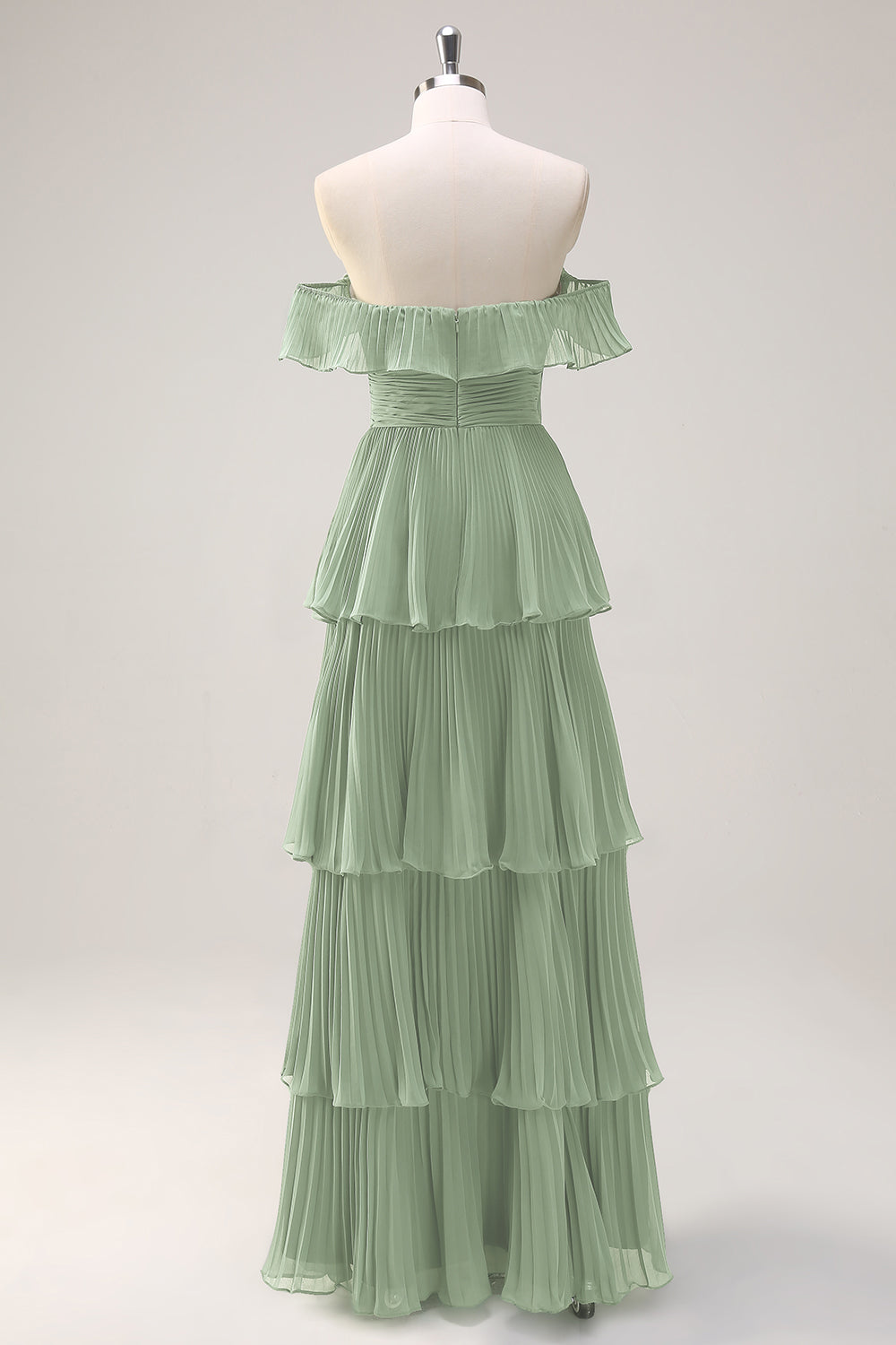 Eucalyptus A-Line Off The Shoulder Tiered Pleated Floor Length Bridesmaid Dress