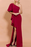One Shoulder Red Long Formal Dress with Slit