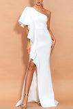 One Shoulder Mermaid Ruffled White Long Formal Dress