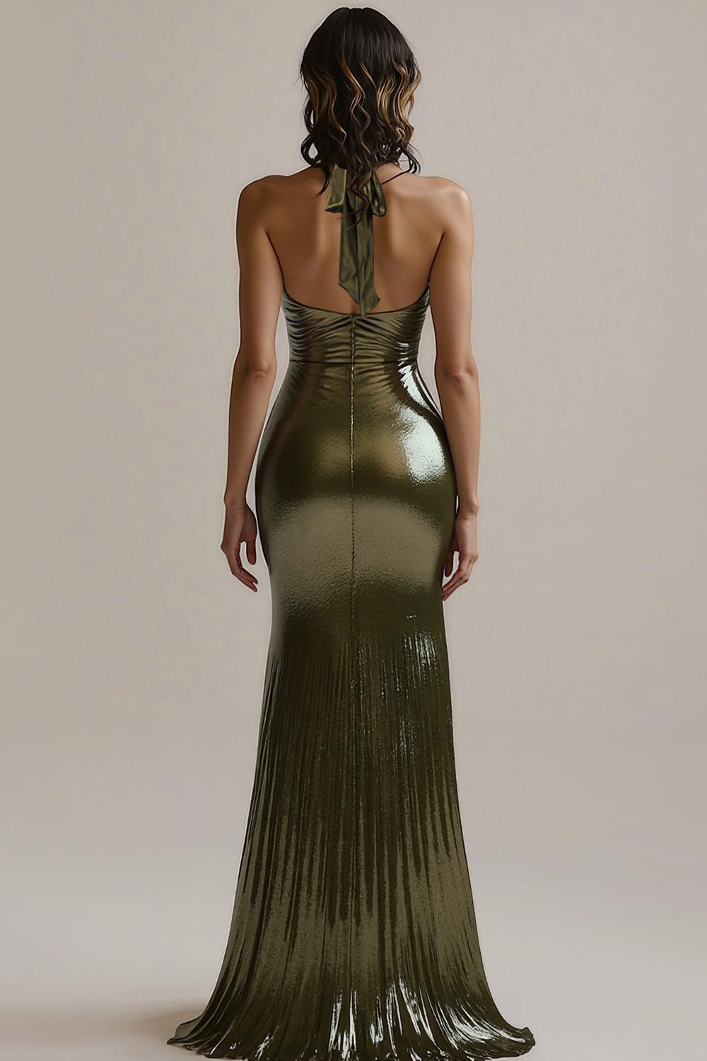 Olive Metallic Ruched Mermaid Evening Dress with Slit