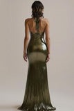 Olive Metallic Ruched Mermaid Evening Dress with Slit