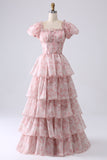 Blush A Line Square Neck Tiered Long Prom Dress with Ruffles