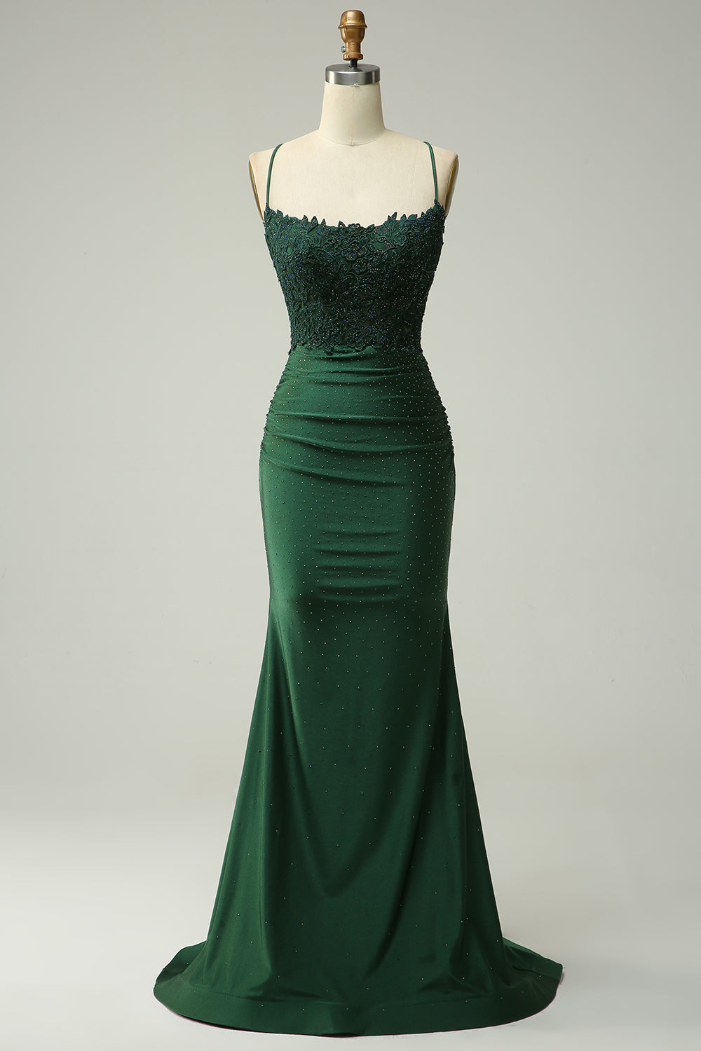 Dark Green Mermaid Spaghetti Straps Long Prom Dress with Appliques Beading
