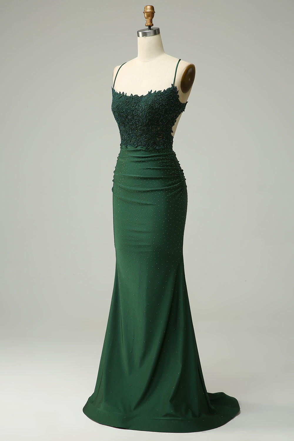 Dark Green Mermaid Spaghetti Straps Long Prom Dress with Appliques Beading