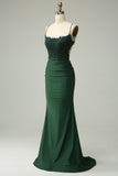 Dark Green Mermaid Spaghetti Straps Long Prom Dress with Appliques Beading