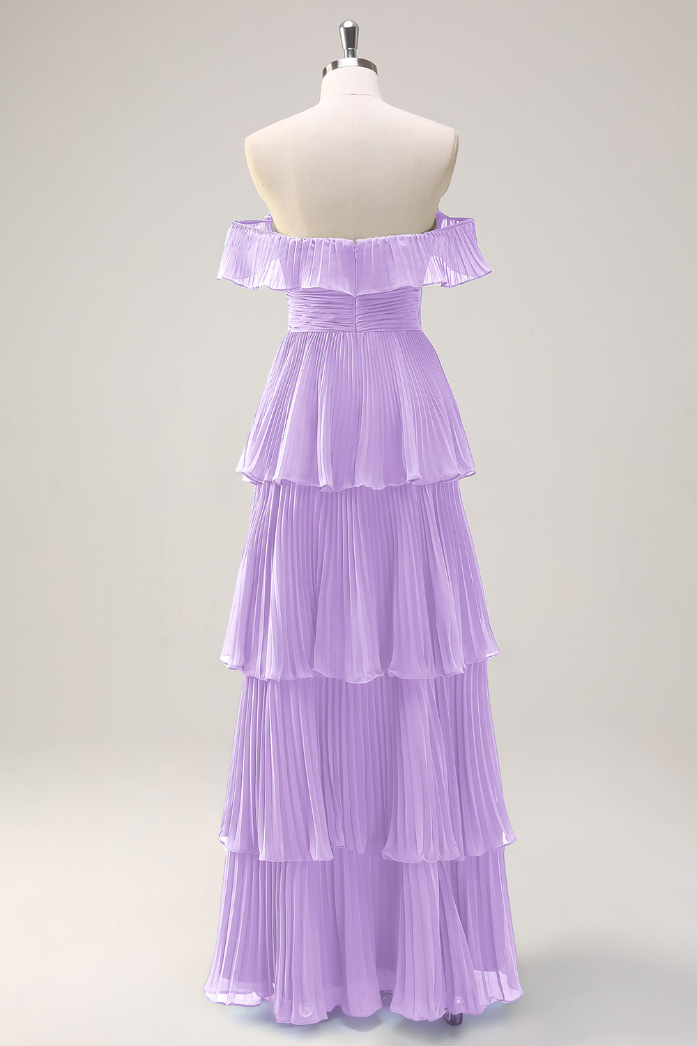 Eucalyptus A-Line Off The Shoulder Tiered Pleated Floor Length Bridesmaid Dress