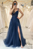 Navy A-line Spaghetti Straps Tulle Princess Prom Dress with Appliques