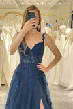 Navy A-line Spaghetti Straps Tulle Princess Prom Dress with Appliques