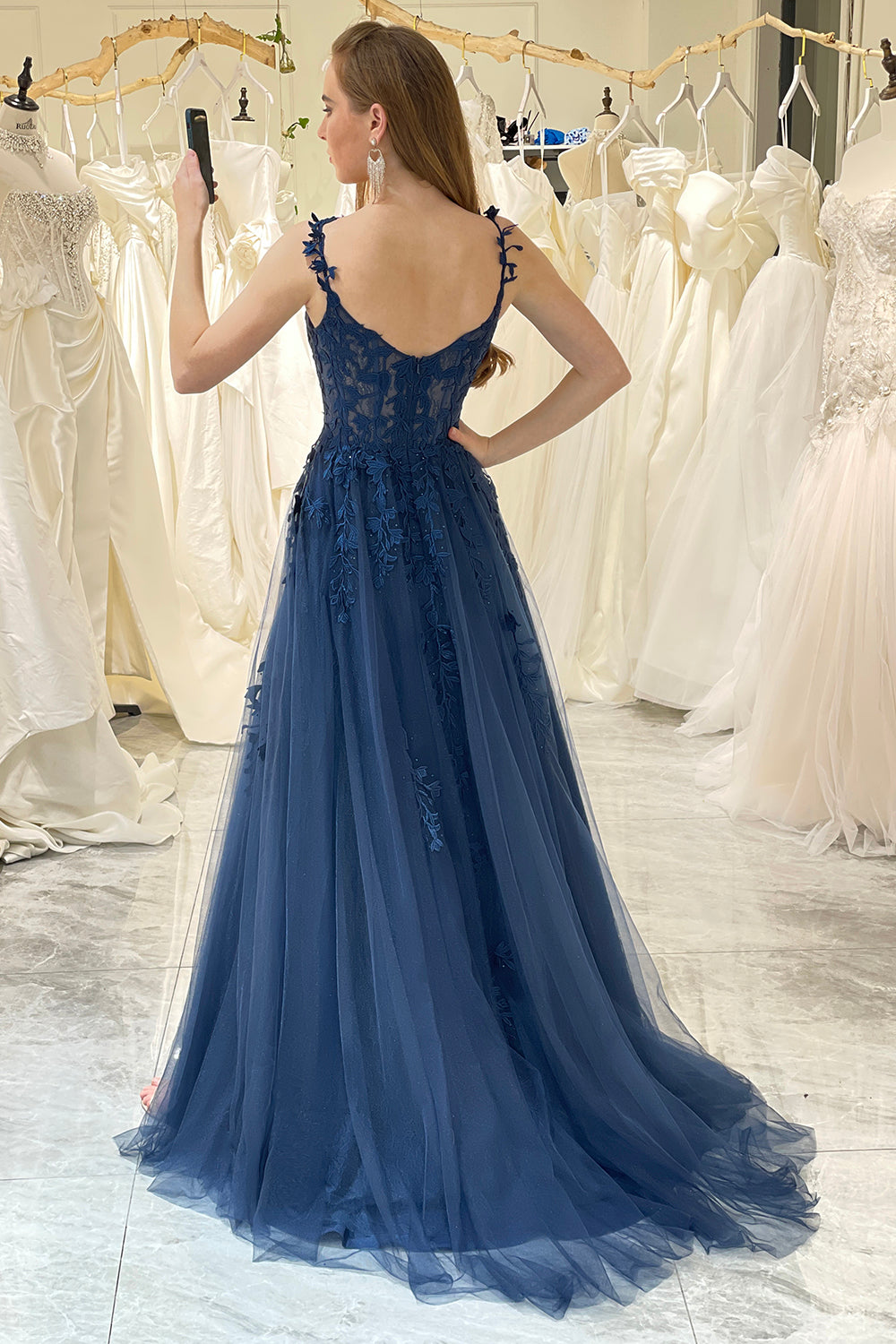 Navy A-line Spaghetti Straps Tulle Princess Prom Dress with Appliques