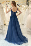Navy A-line Spaghetti Straps Tulle Princess Prom Dress with Appliques