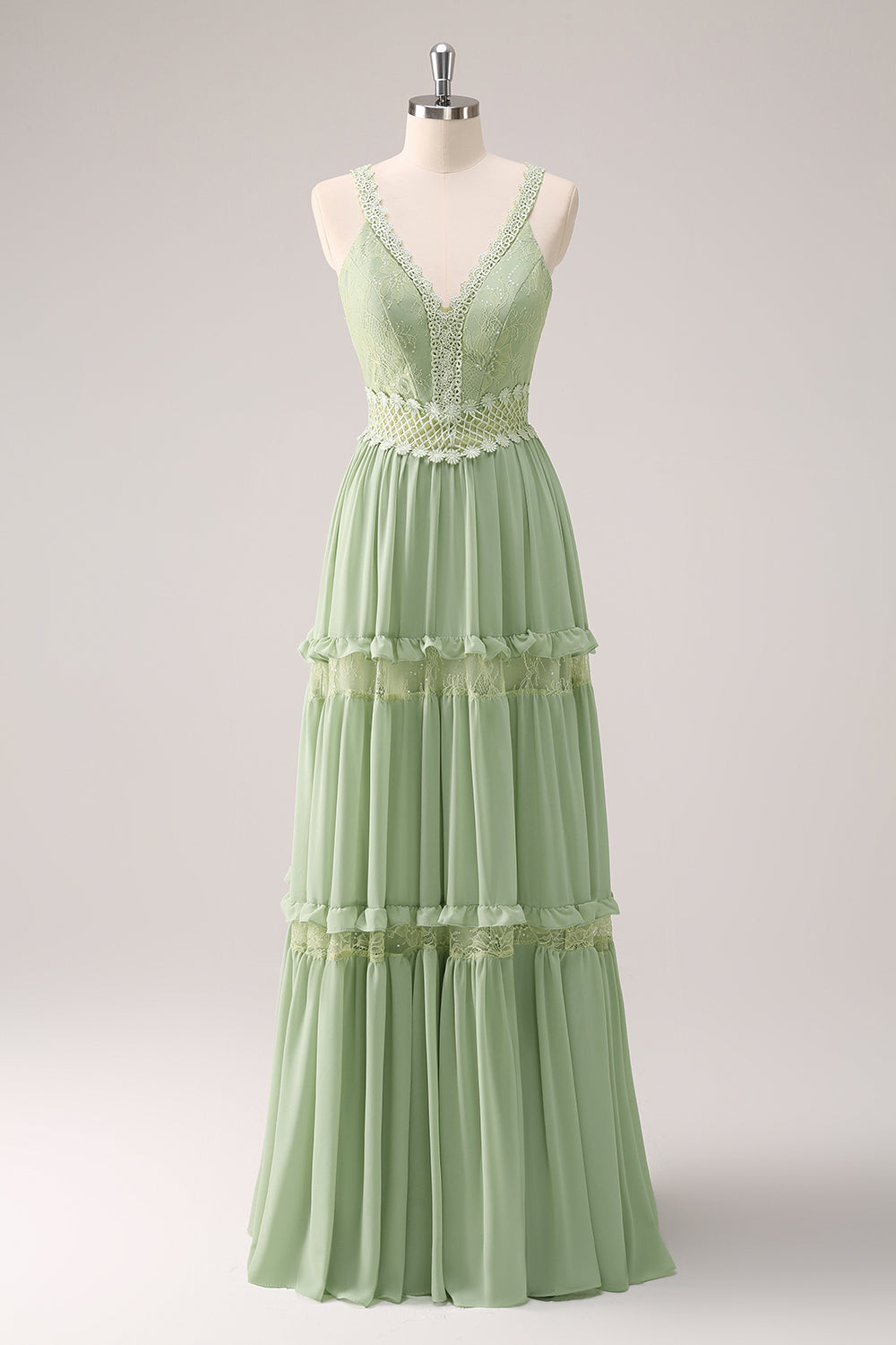 Green A-Line Spaghetti Straps Ruffled Floral Long Bridesmaid Dress with Lace