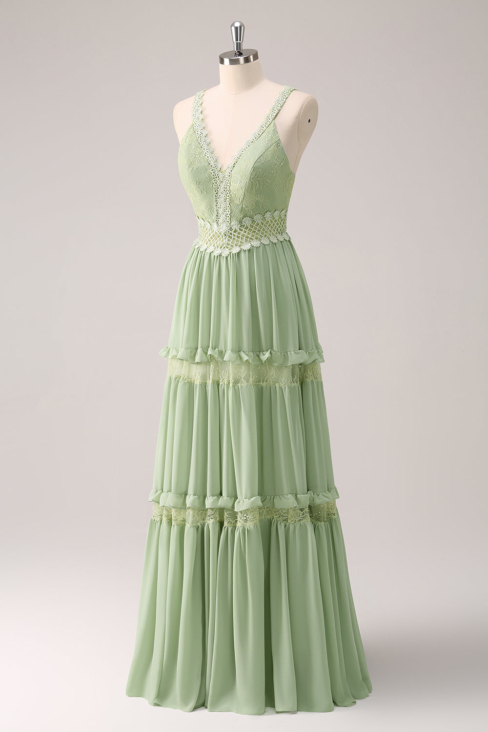 Green A-Line Spaghetti Straps Ruffled Floral Long Bridesmaid Dress with Lace