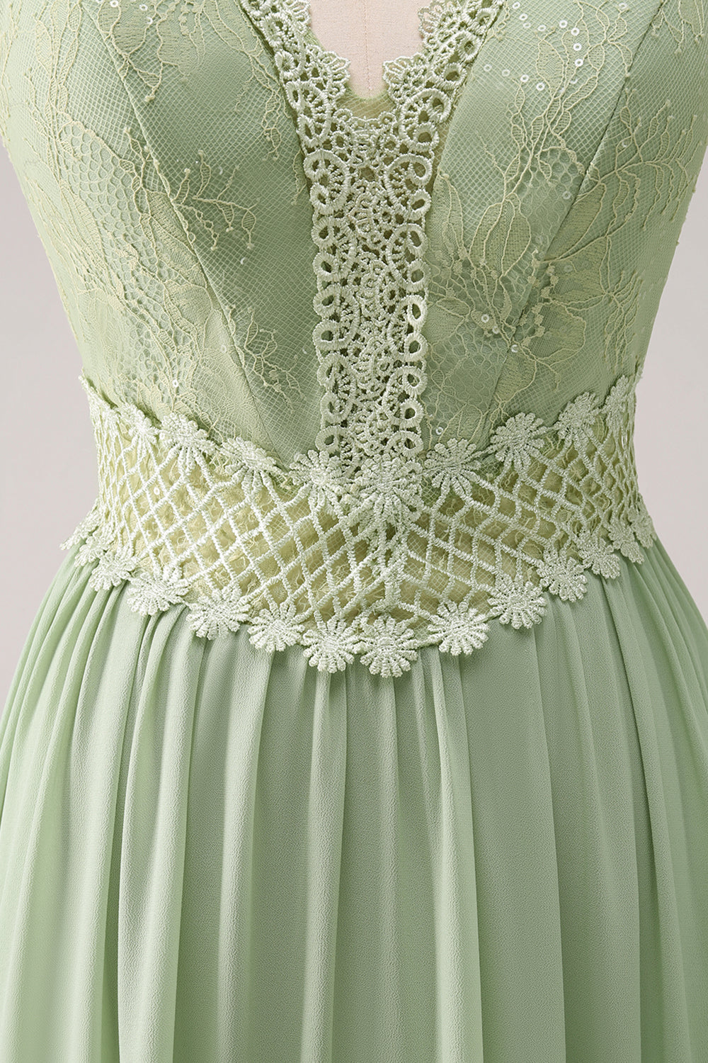 Green A-Line Spaghetti Straps Ruffled Floral Long Bridesmaid Dress with Lace