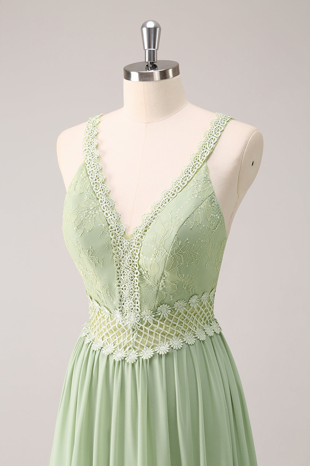 Green A-Line Spaghetti Straps Ruffled Floral Long Bridesmaid Dress with Lace