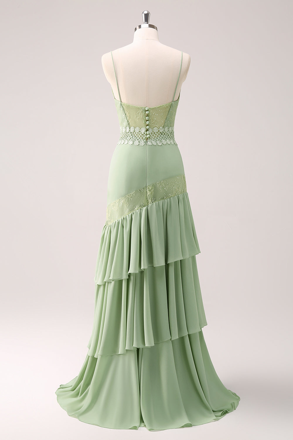 Green Sheath Ruffled Chiffon Long Bridesmaid Dress with Lace