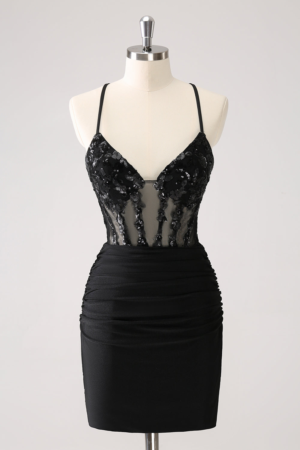Sparkly Bodycon Spaghetti Corset Little Black Dress with Lace Up Back