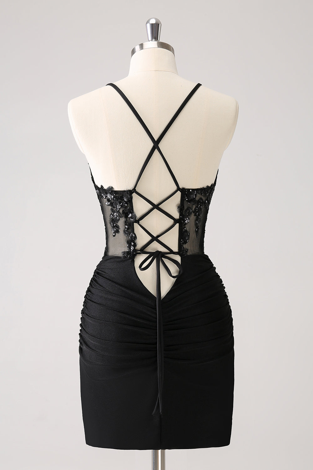 Sparkly Bodycon Spaghetti Corset Little Black Dress with Lace Up Back