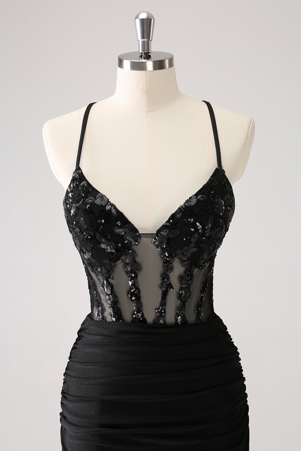 Sparkly Bodycon Spaghetti Corset Little Black Dress with Lace Up Back