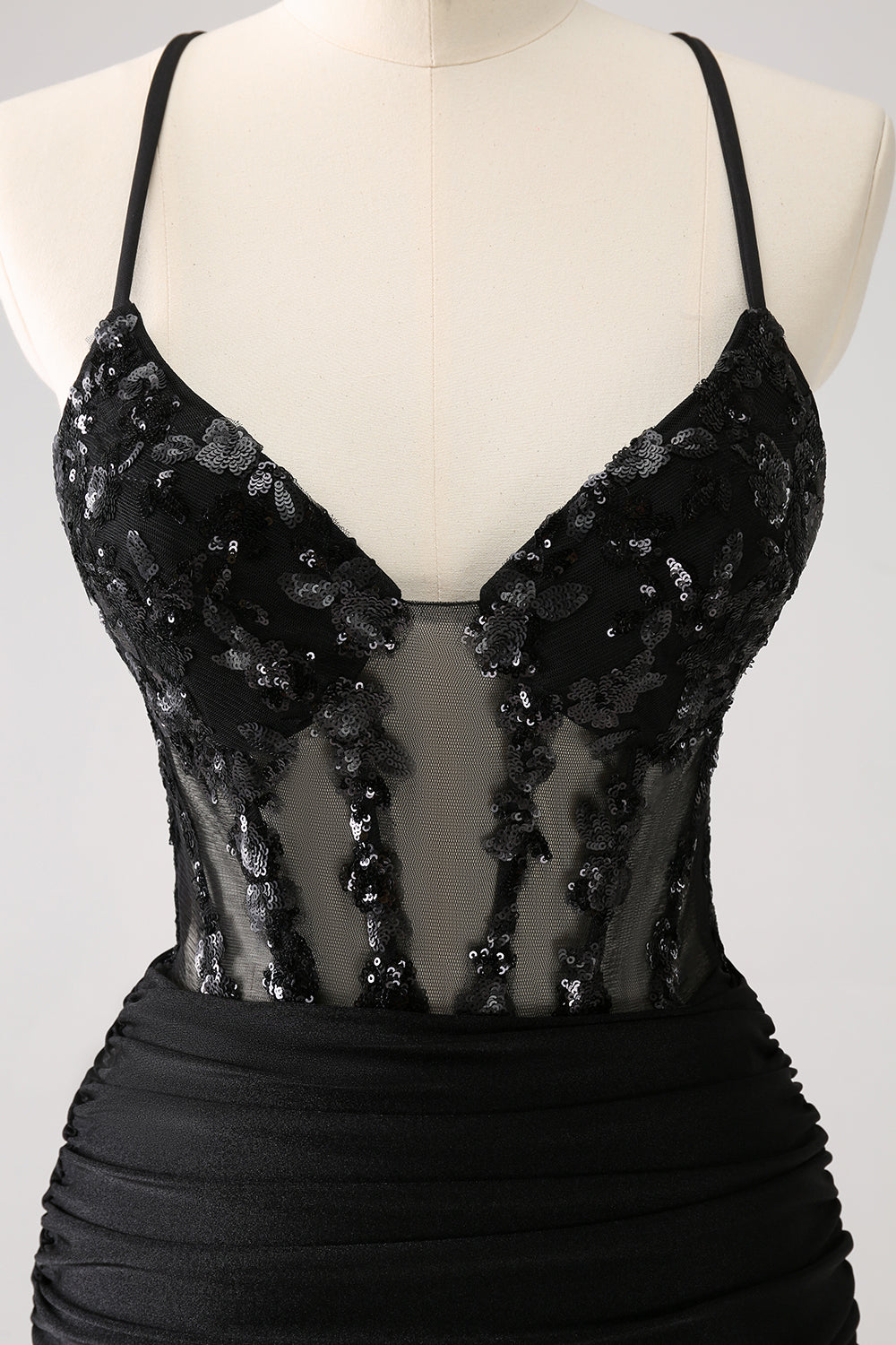 Sparkly Bodycon Spaghetti Corset Little Black Dress with Lace Up Back