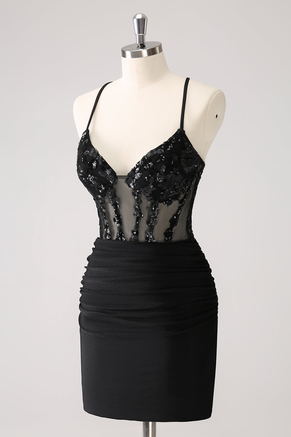 Sparkly Bodycon Spaghetti Corset Little Black Dress with Lace Up Back