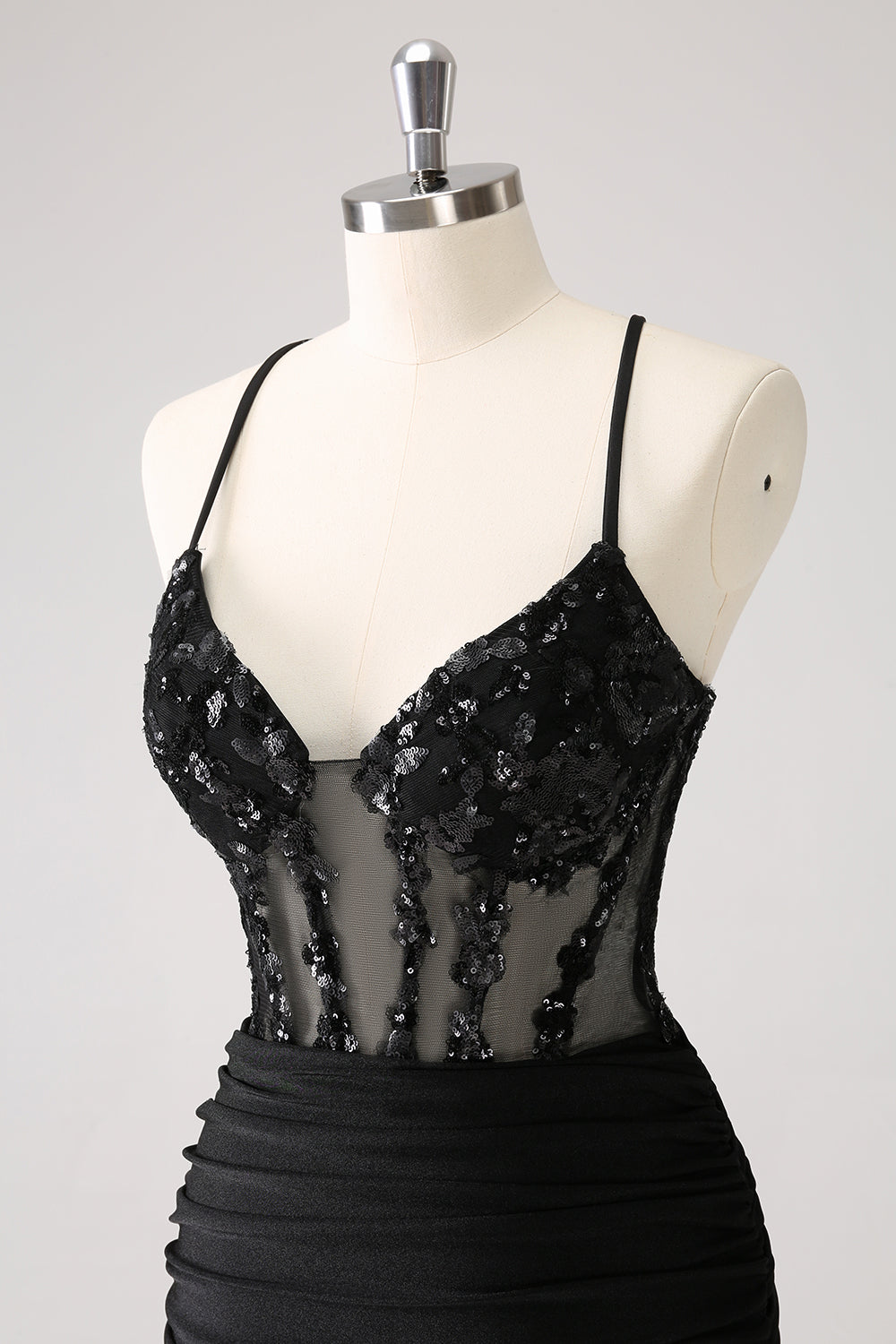 Sparkly Bodycon Spaghetti Corset Little Black Dress with Lace Up Back