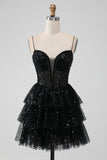 Sparkly Spaghetti Straps Tiered Little Black Dress with Sequins