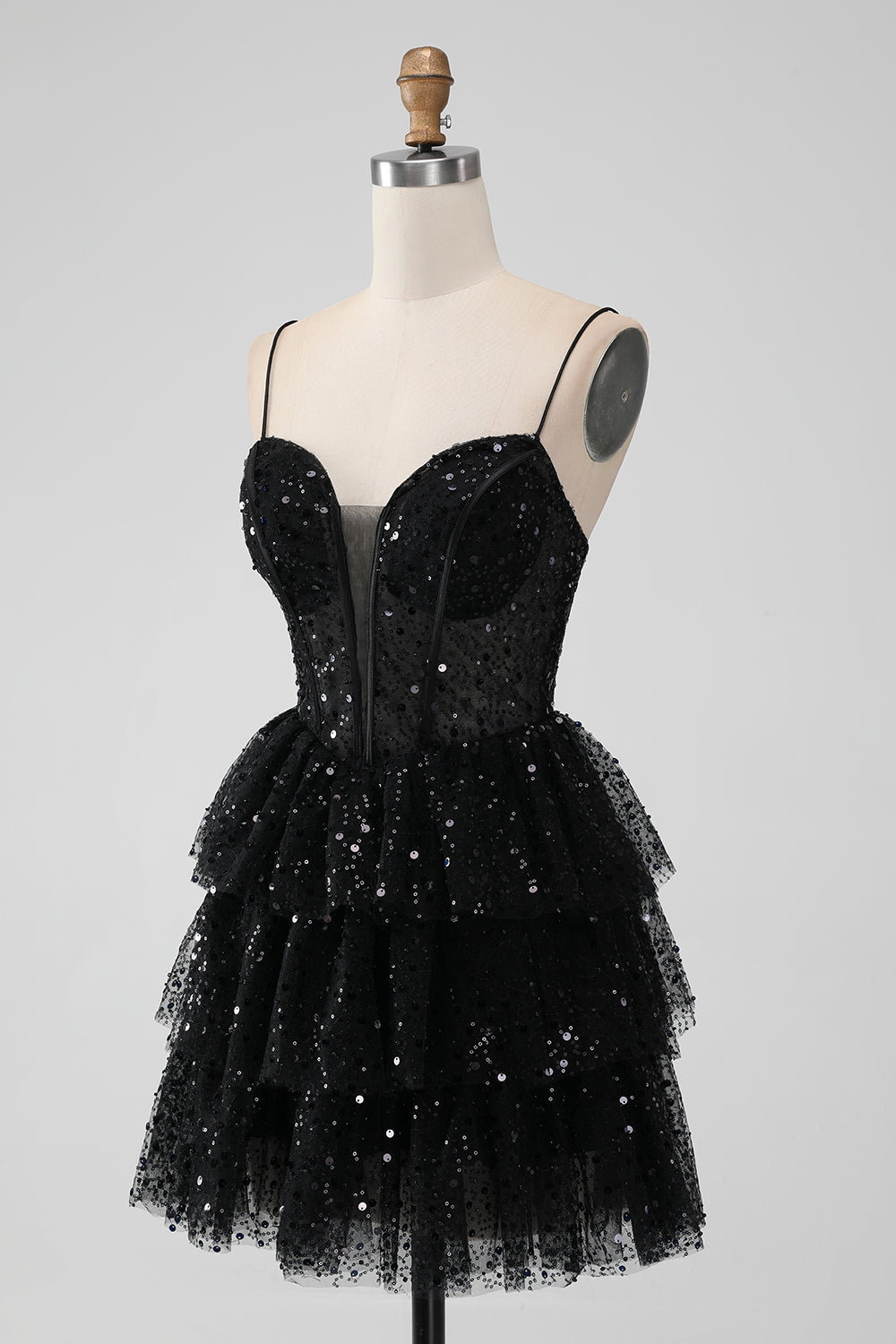 Sparkly Spaghetti Straps Tiered Little Black Dress with Sequins