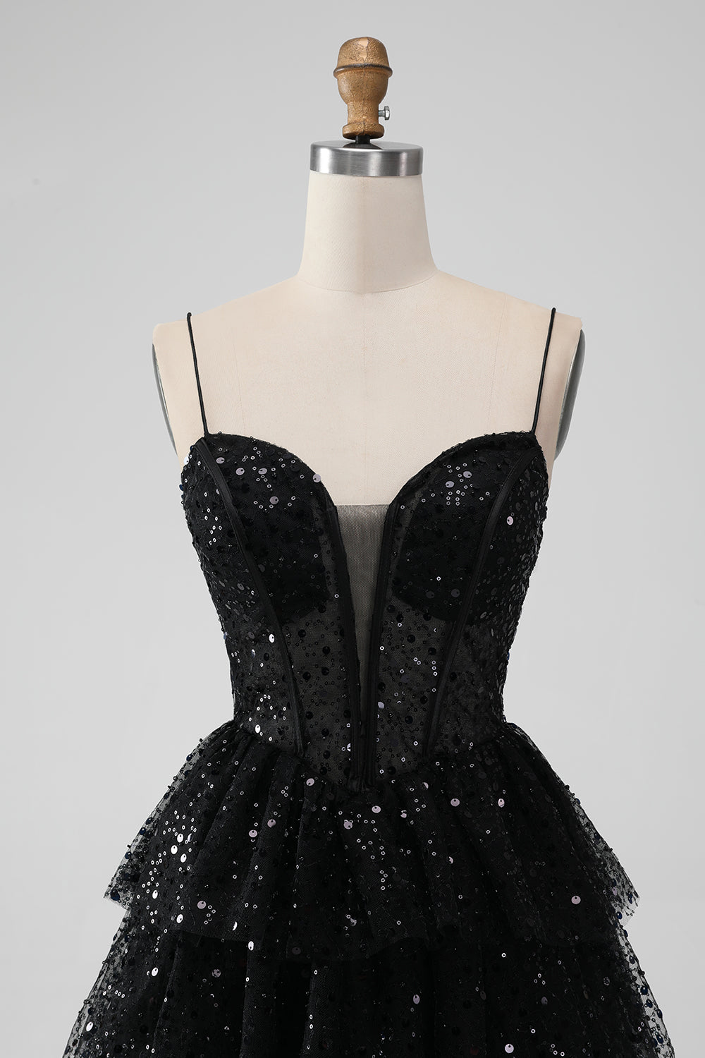 Sparkly Spaghetti Straps Tiered Little Black Dress with Sequins