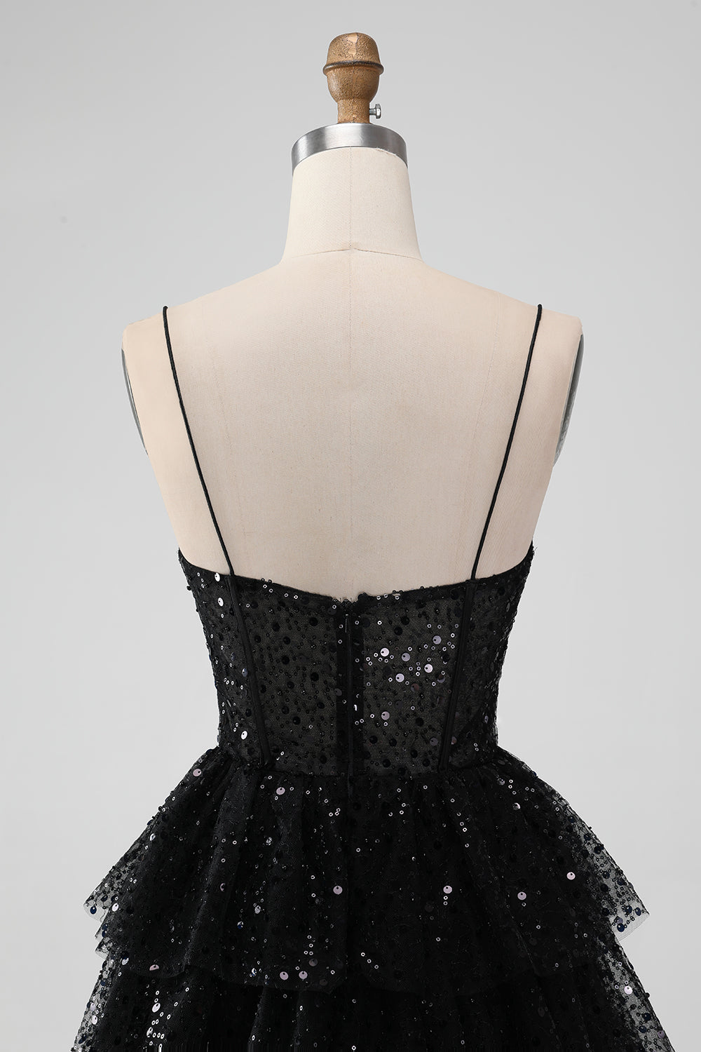 Sparkly Spaghetti Straps Tiered Little Black Dress with Sequins