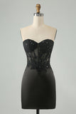Sparkly Bodycon Sweetheart Corset Little Black Dress with Appliques
