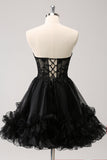 Cute A Line Corset Strapless Ruffled Little Black Dress