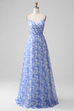 Blue Print A Line Spaghetti Straps Long Prom Dress with Lace Up Back
