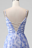 Blue Print A Line Spaghetti Straps Long Prom Dress with Lace Up Back