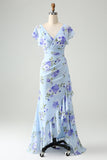 Blue Floral A Line Ruffles Asymmetrical Prom Dress