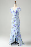 Blue Floral A Line Ruffles Asymmetrical Prom Dress