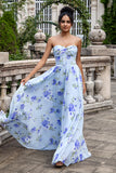 Blue Floral A-Line Strapless Pleated Maxi Dress