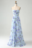 Blue Floral A-Line Strapless Pleated Maxi Dress