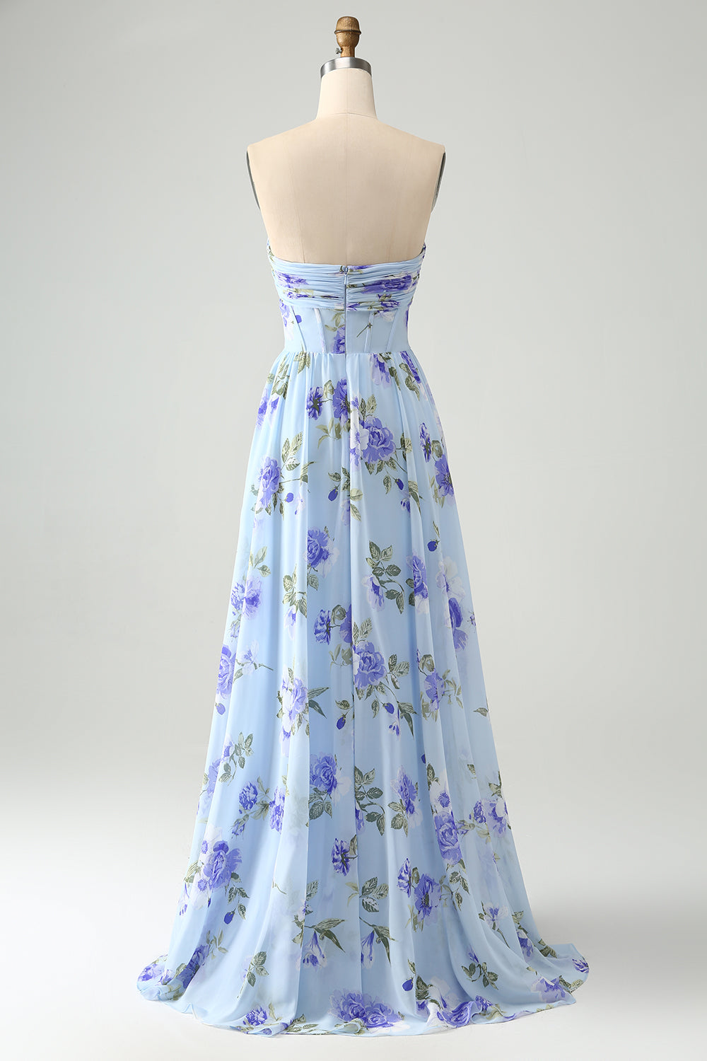 Blue Floral A-Line Strapless Pleated Maxi Dress