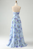 Blue Floral A-Line Strapless Pleated Maxi Dress