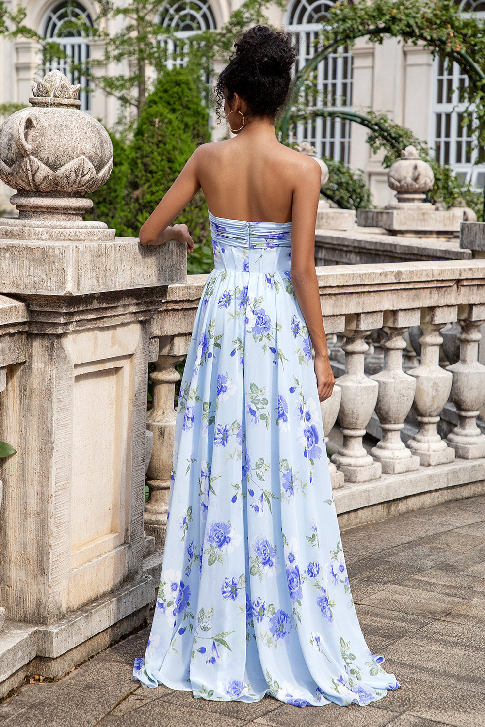 Blue Floral A-Line Strapless Pleated Maxi Dress
