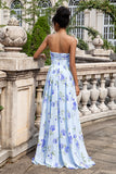 Blue Floral A-Line Strapless Pleated Maxi Dress