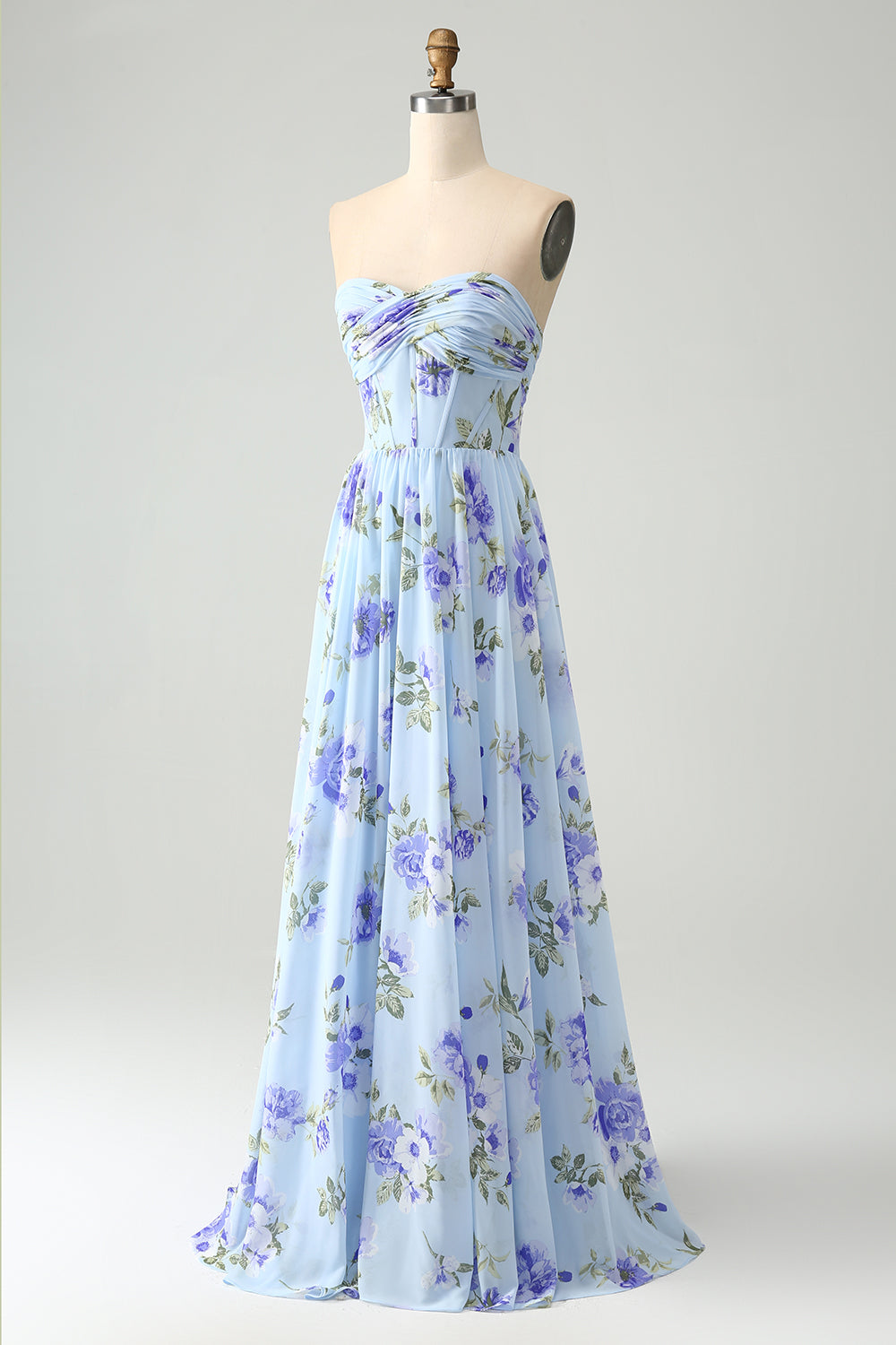 Blue Floral A-Line Strapless Pleated Maxi Dress