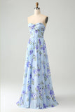 Blue Floral A-Line Strapless Pleated Maxi Dress