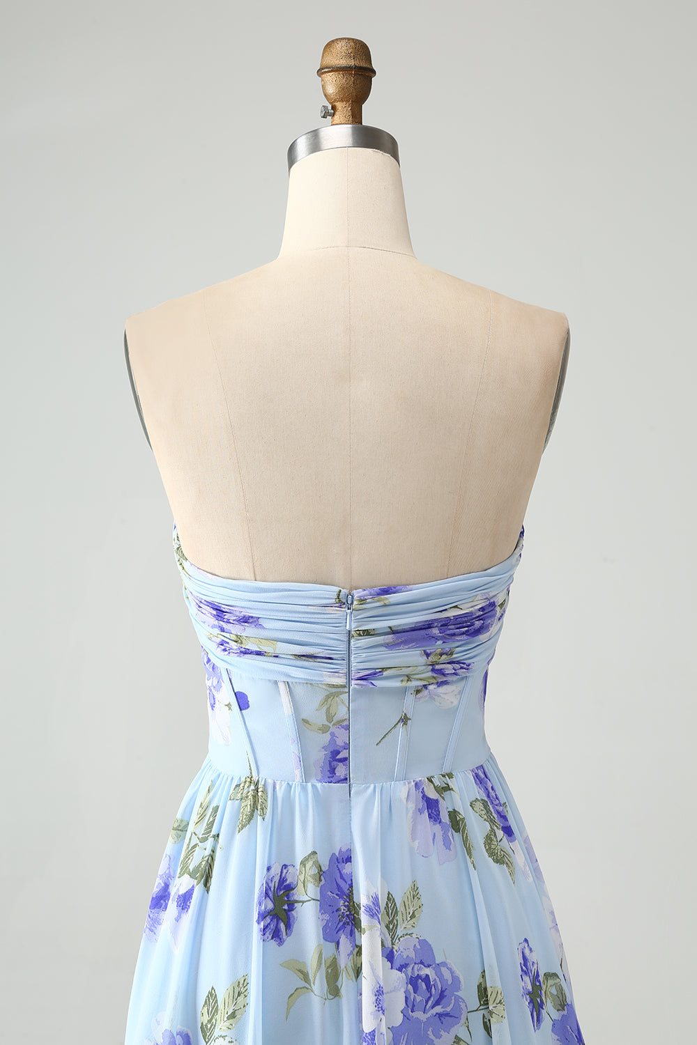 Blue Floral A-Line Strapless Pleated Maxi Dress