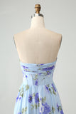 Blue Floral A-Line Strapless Pleated Maxi Dress